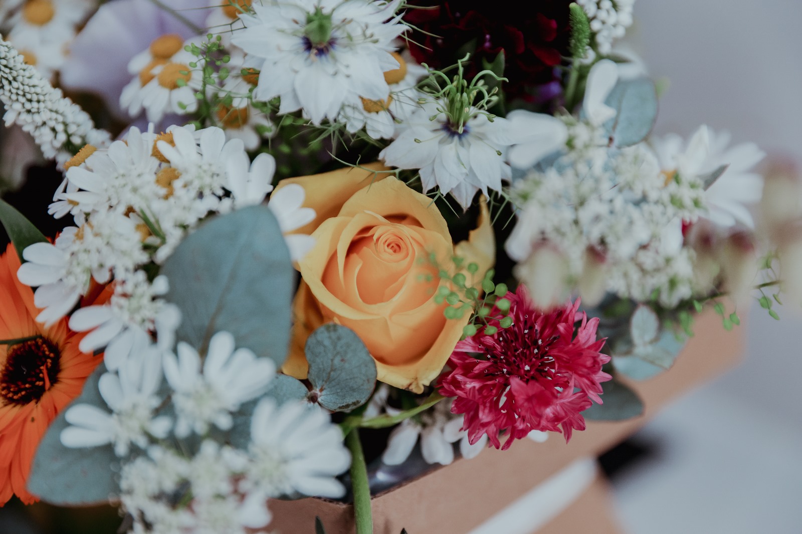 Seasonal wedding bouquet with peach rose, white daisies, nigella and eucalyptus by a Cornwall wedding florist.